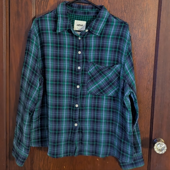 Aerie Cozy Blue & Green Plain Button Down Shirt Size Medium - Picture 1 of 6